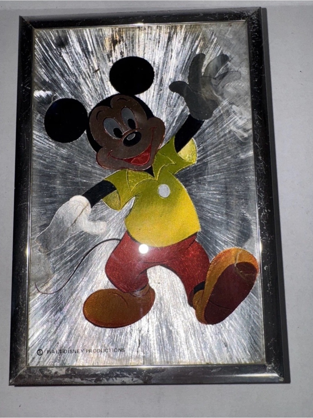 Vintage 1980’s Walt Disney Productions Mickey Mouse Foil Art 4x6 Metal Frame
